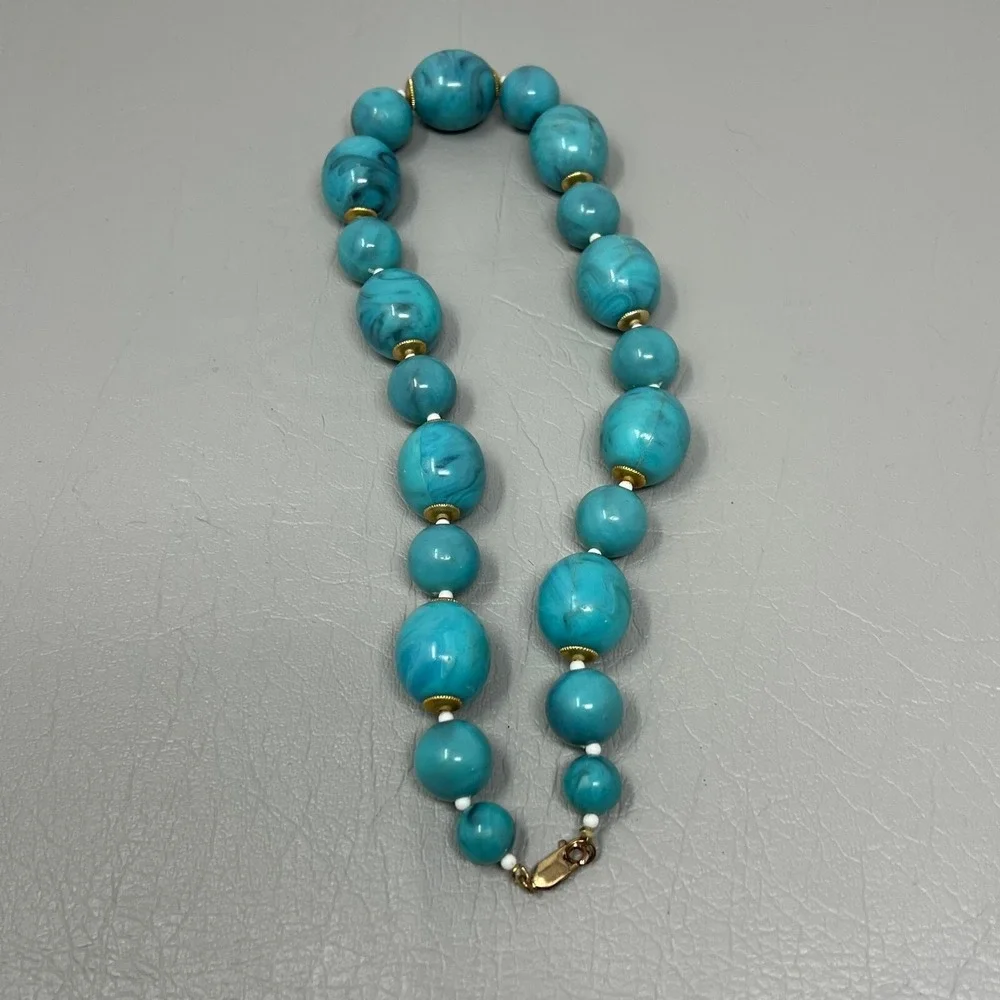 Vintage‎ Blue Marbled Bead Necklace Gold Tone Caps and Clasp